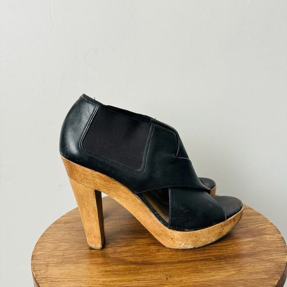 Theory Black Leather Cross Strap Platform Heels Women’s Size 8 - Picture 4 of 10